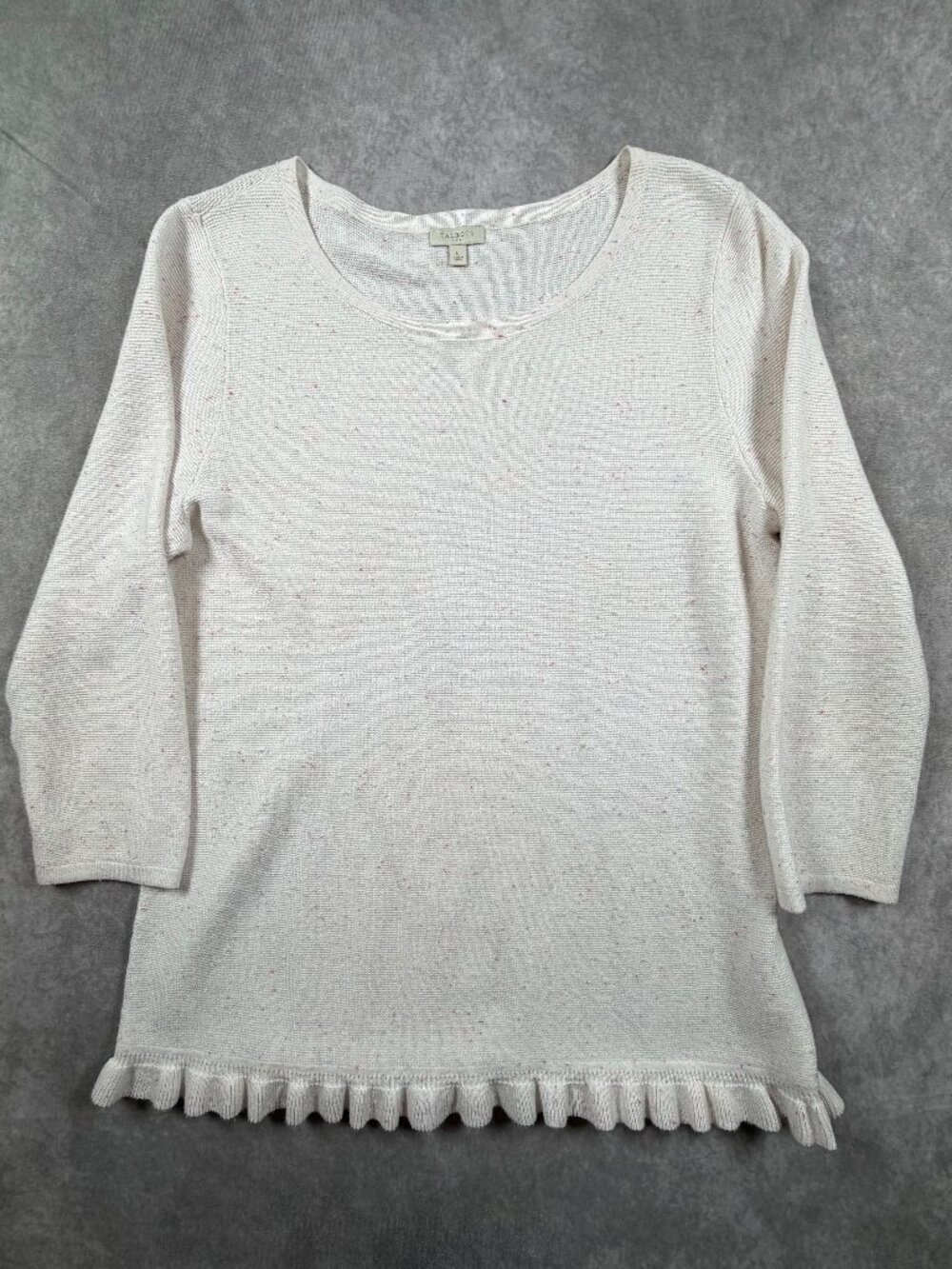 Talbots Womens Large Sweater Top White Speckled Ruffle Hem 3/4 Sleeve